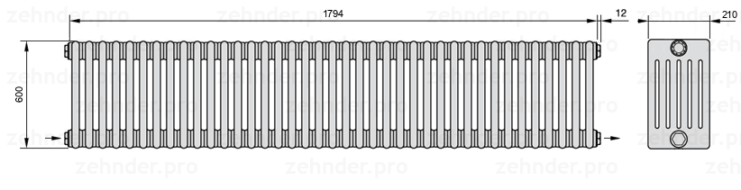 Схема (чертеж) Радиатор Zehnder Charleston 6060/39 №2670 Белый глянцевый RAL 9016